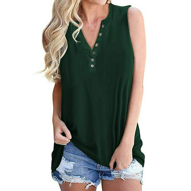 general3 Strappy Tank Tops for Women Button Down Shirt V Neck Print Camisole Loose Henley Shirts 